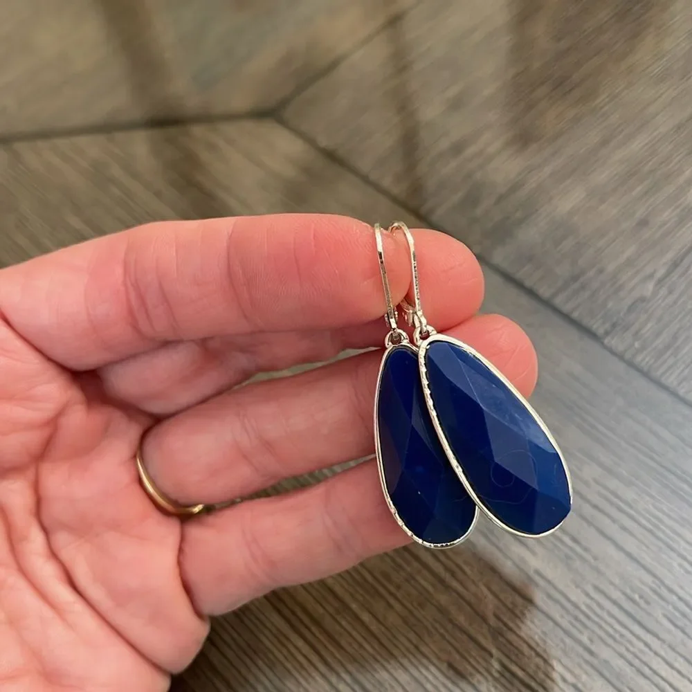 Long Silver-tone Tear Drop Lever Bag Earrings with Blue Faceted Gem